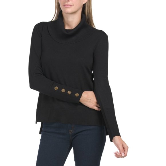 Cable & Gauge Sweaters Cable Gauge Black Button Cuff Cowl Neck